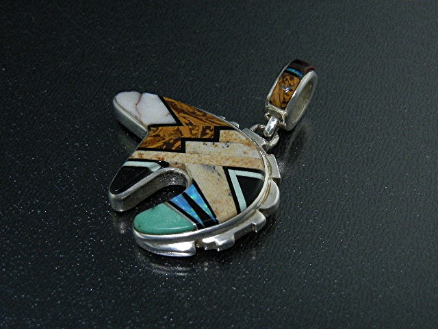 CALVIN BEGAY Sterling Silver Opal Tiger Eye Inlay Bear