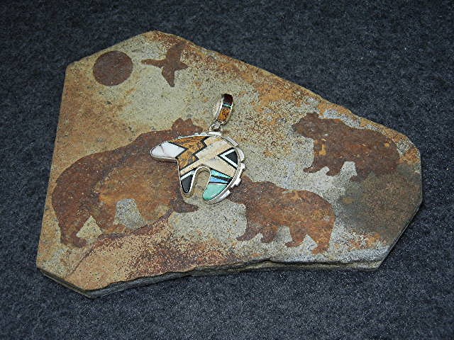 CALVIN BEGAY Sterling Silver Opal Tiger Eye Inlay Bear