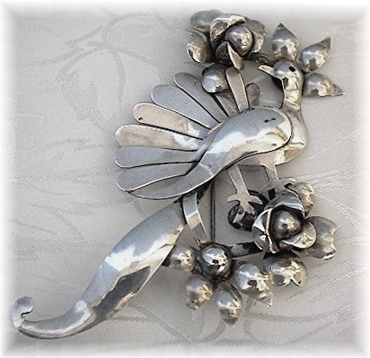 Taxco Mexico Brooch Sterling Silver Peacock LARGE