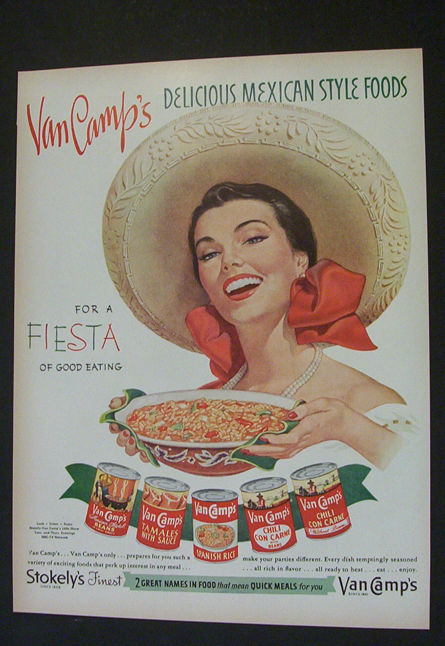 1951 Van Camp's Mexican Style Foods with Woman Smiling