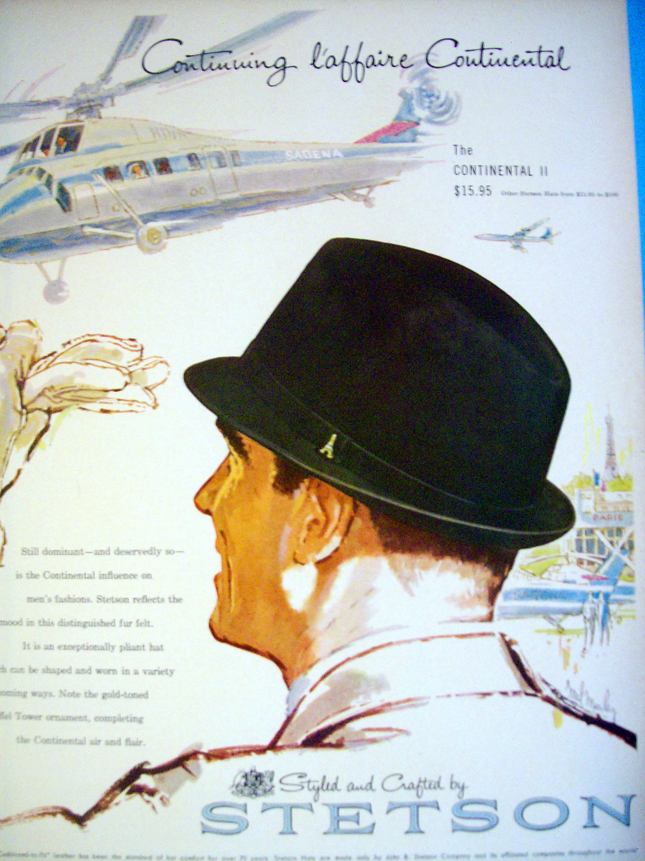 1960 Stetson Hats with Man Wearing Continental II Hat