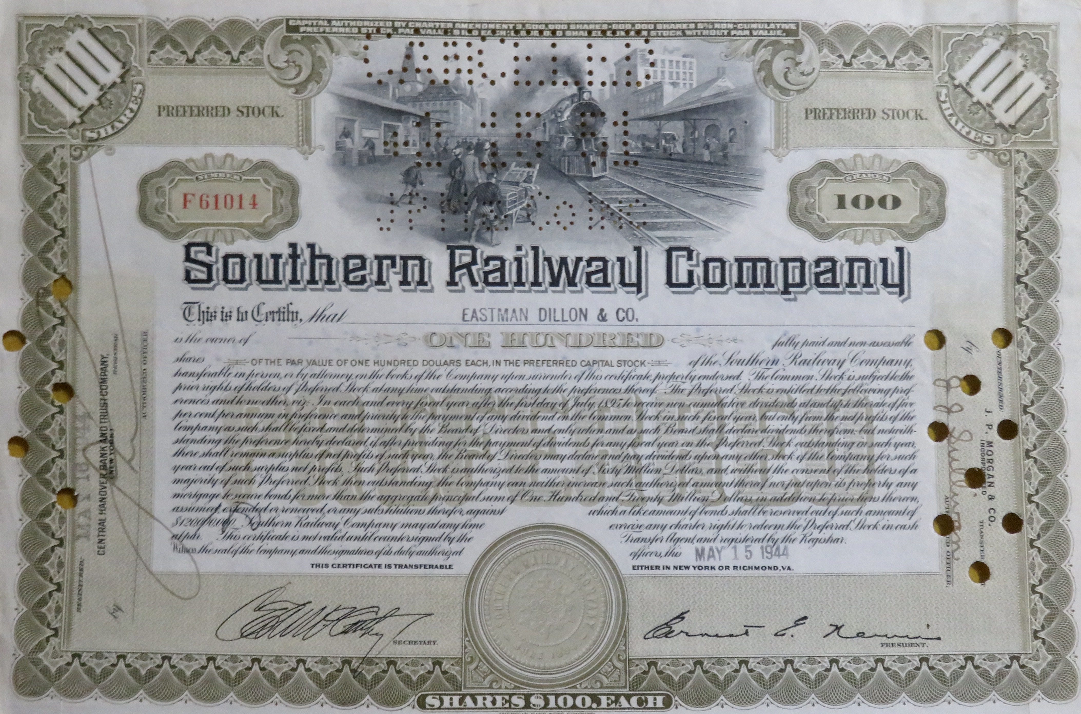 Southern Railway Company Stock Certificate May 15, 1944