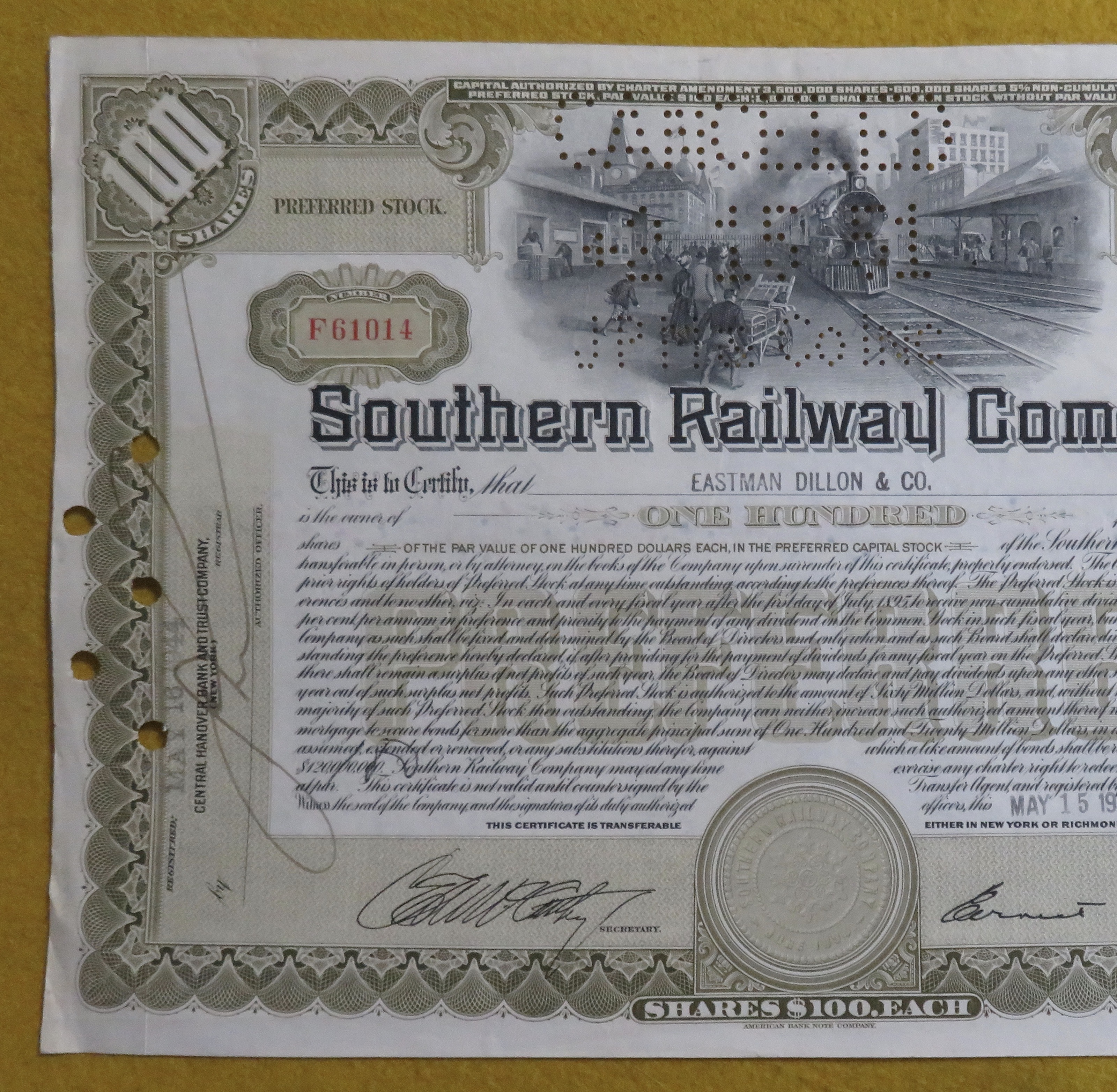 Southern Railway Company Stock Certificate May 15, 1944