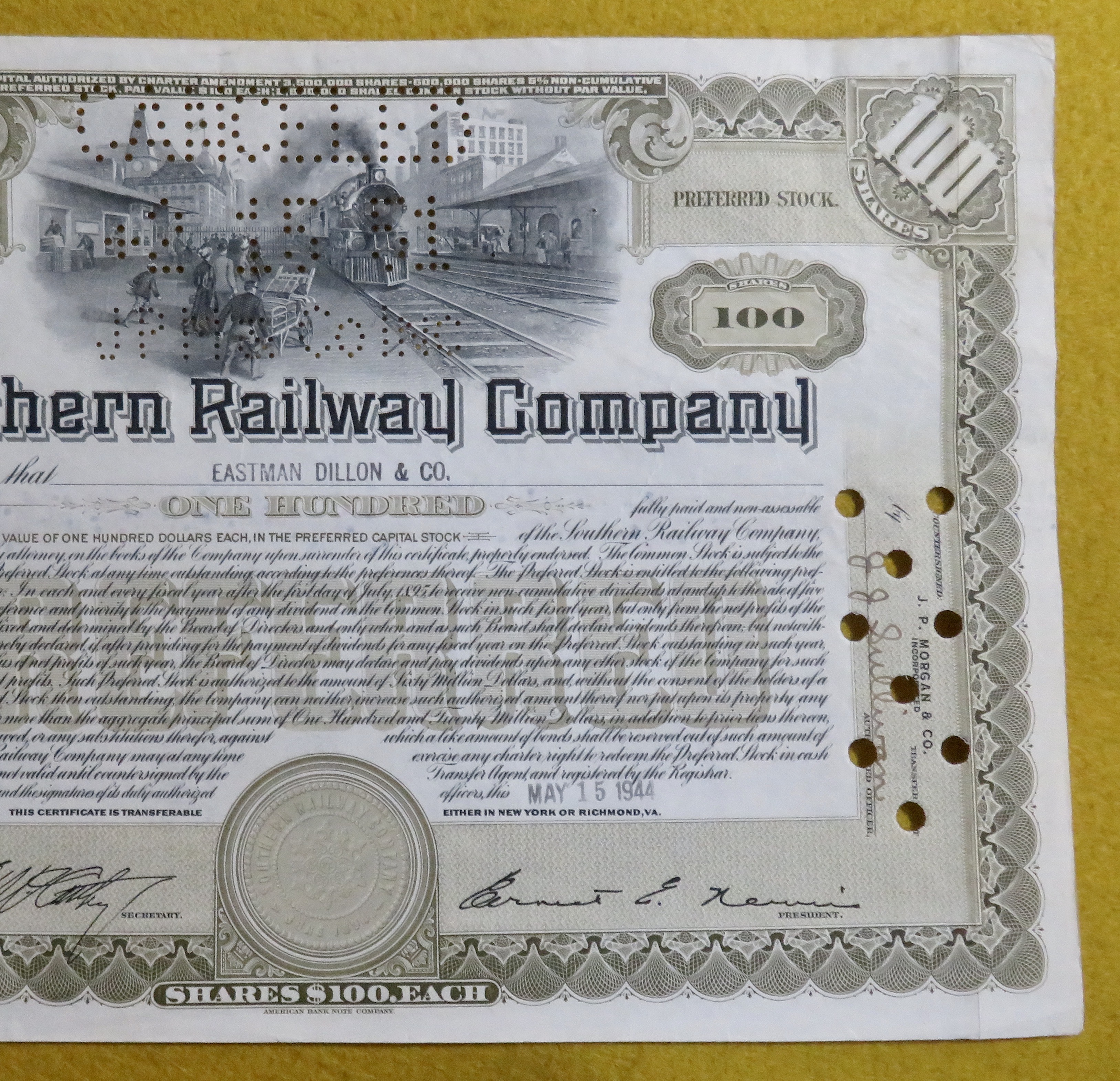 Southern Railway Company Stock Certificate May 15, 1944