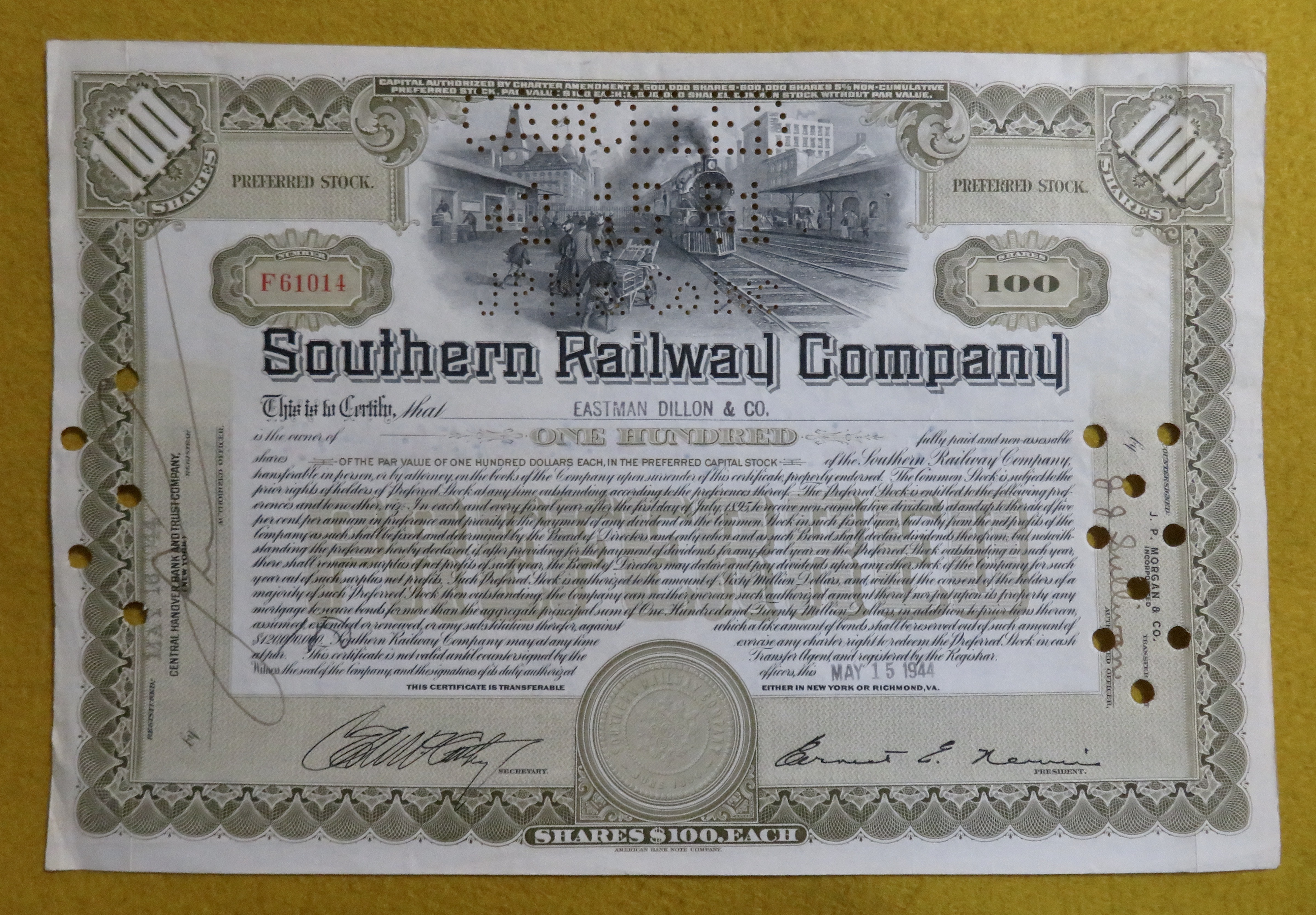 Southern Railway Company Stock Certificate May 15, 1944