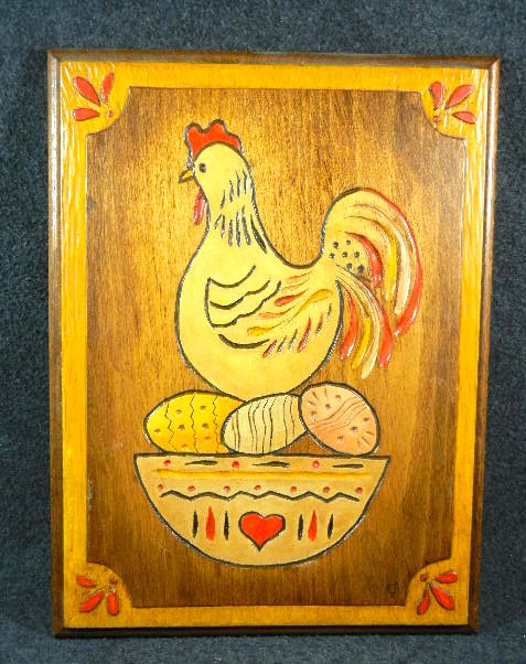 Carved Wood Picture Chicken on Nest of Eggs