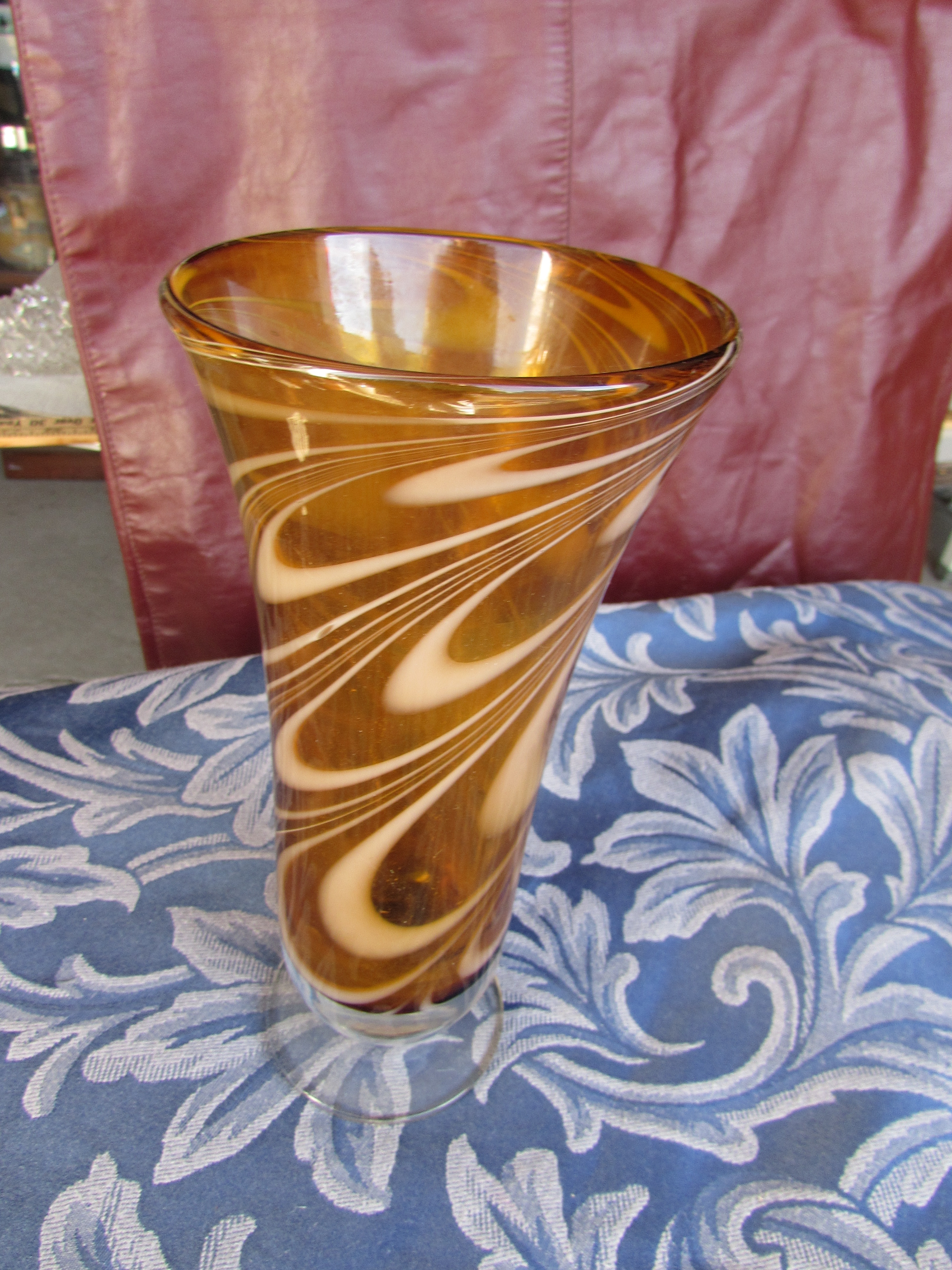 Teleflora Footed Vase Brown Amber White Swirl Glass