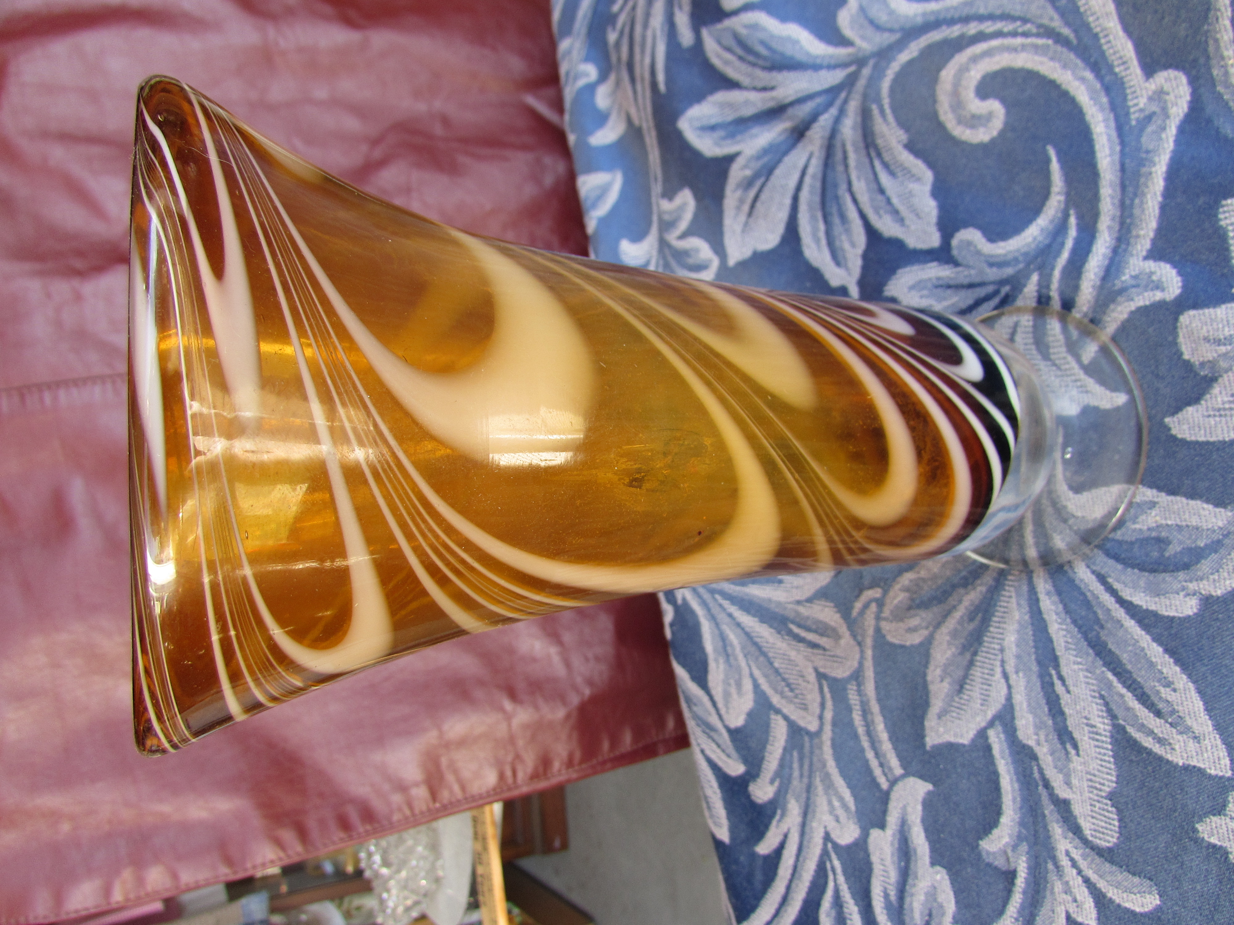 Teleflora Footed Vase Brown Amber White Swirl Glass