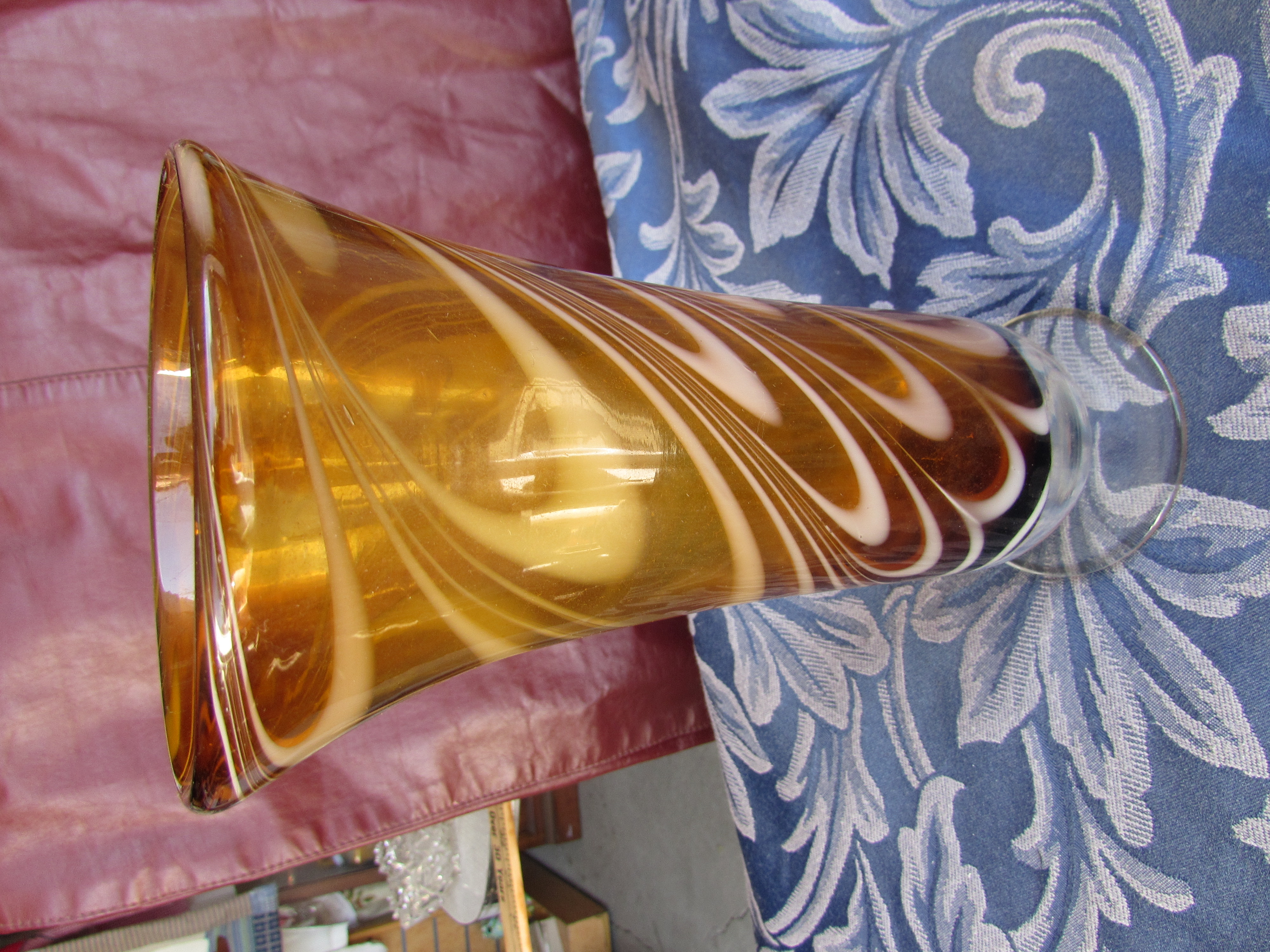 Teleflora Footed Vase Brown Amber White Swirl Glass