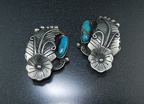 Taxco Mexico Sterling Silver Turquoise Clip Earrings CI