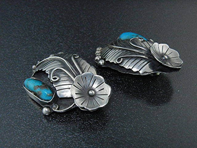 Taxco Mexico Sterling Silver Turquoise Clip Earrings CI