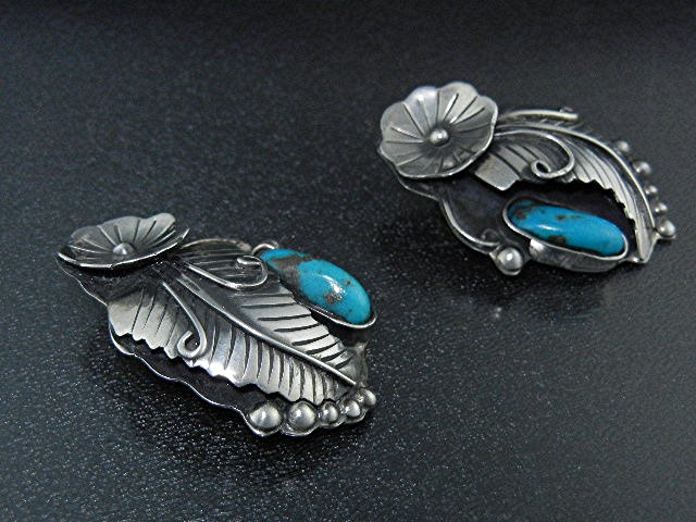Taxco Mexico Sterling Silver Turquoise Clip Earrings CI