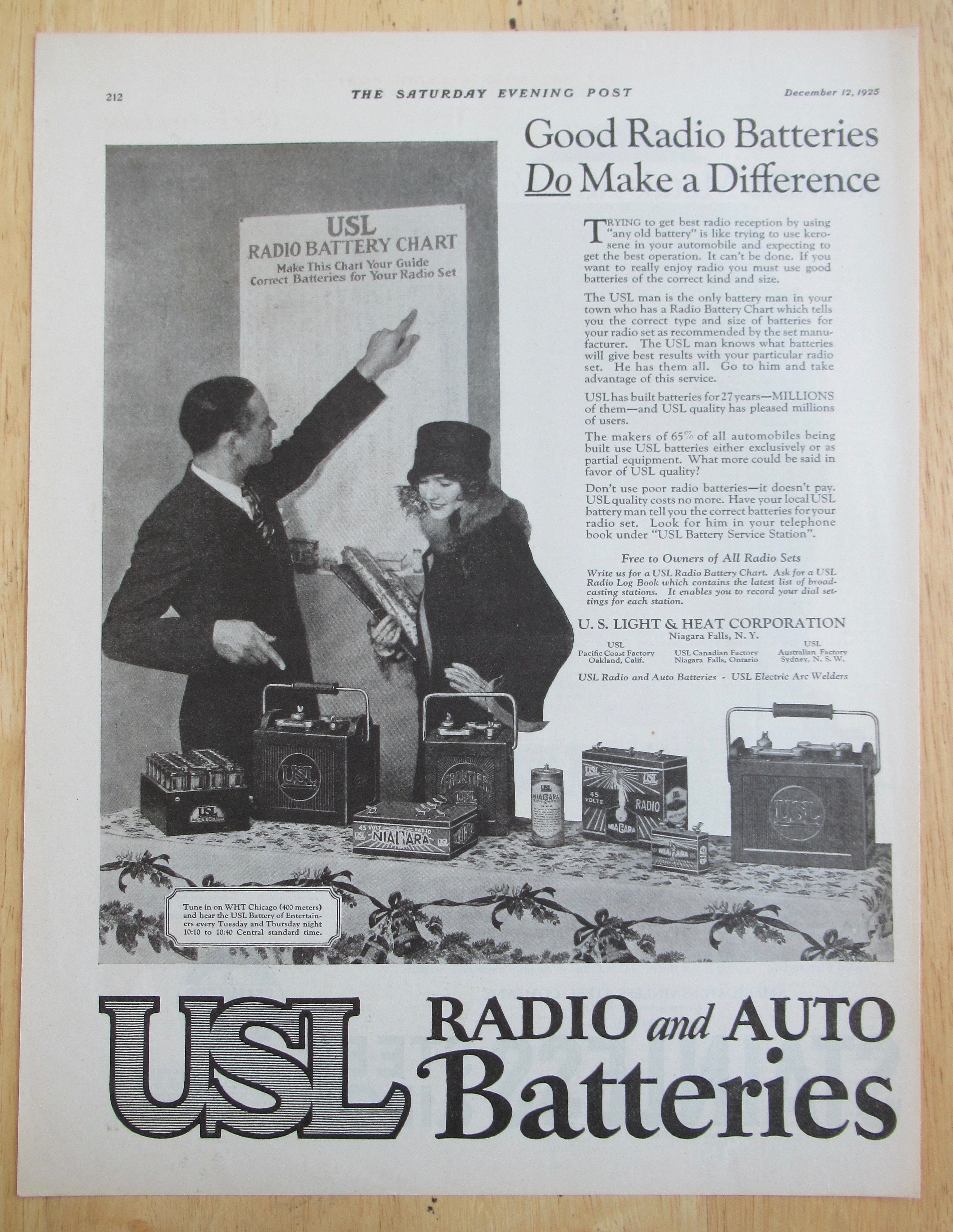 1925 USL Radio & Auto Battery with Man & Woman