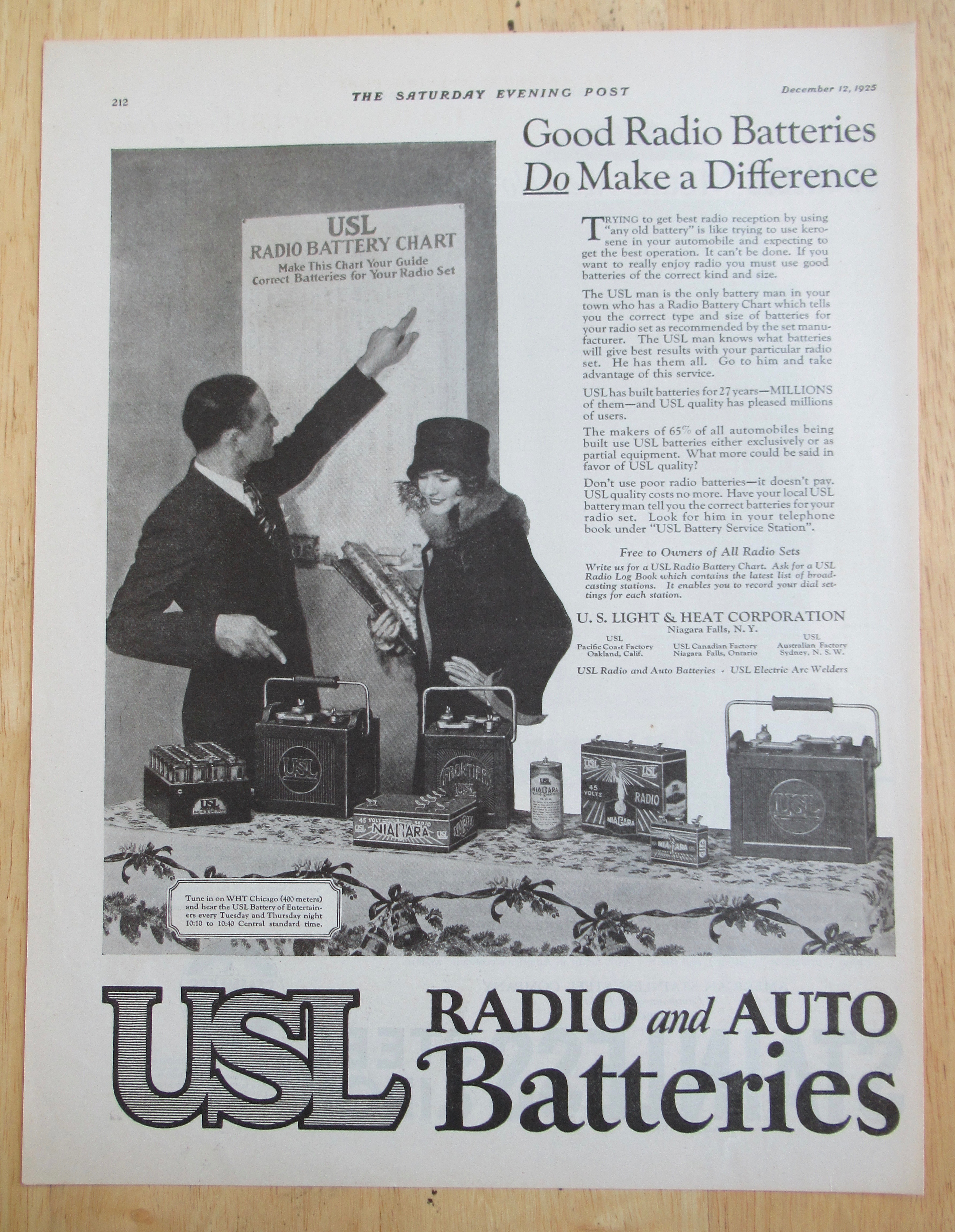 1925 USL Radio & Auto Battery with Man & Woman