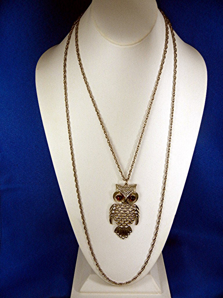 Silver Owl Amber Eyes Necklace 2 Strand