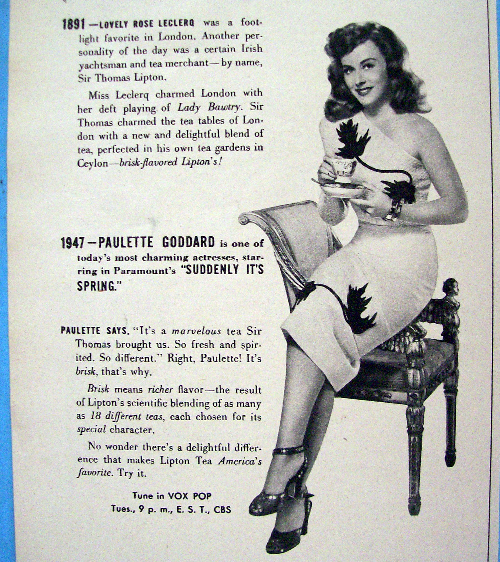 1947 Lipton Tea with Paulette Goddard