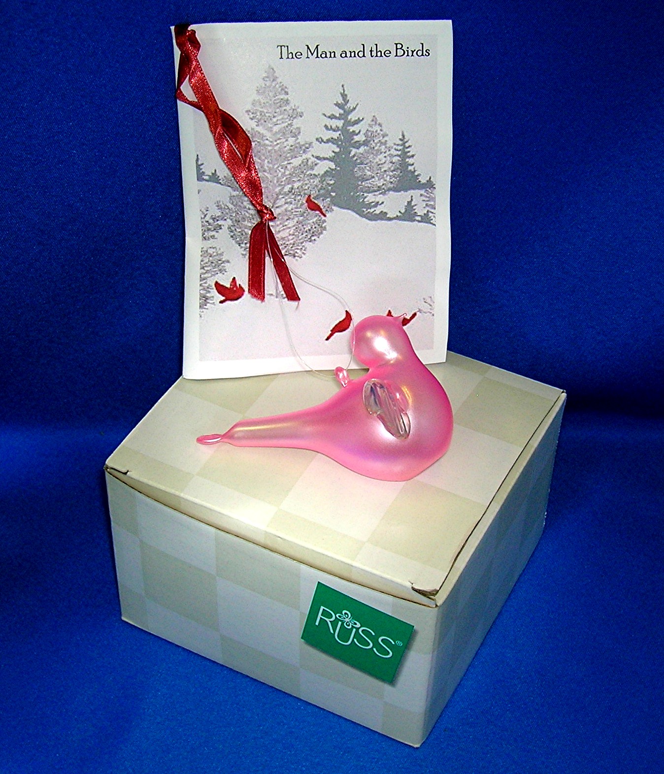 RUSS Handblown Pink Glass Bird In Original Box