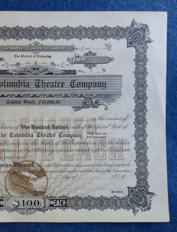 Early 1900's The Columbia Theatre Company Stock Certificate