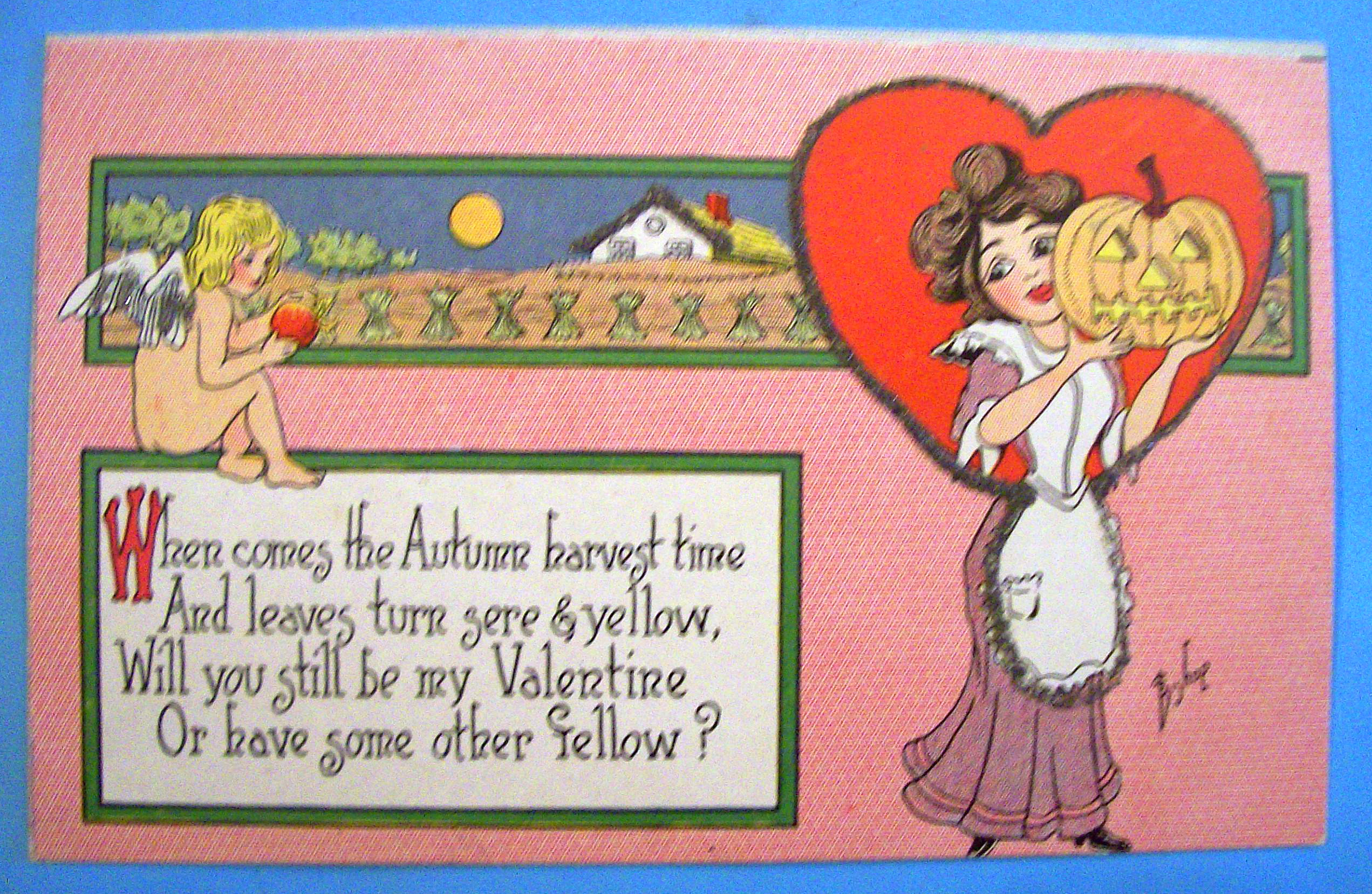 Be My Valentine Postcard with a Lady Holding a Pumpkin