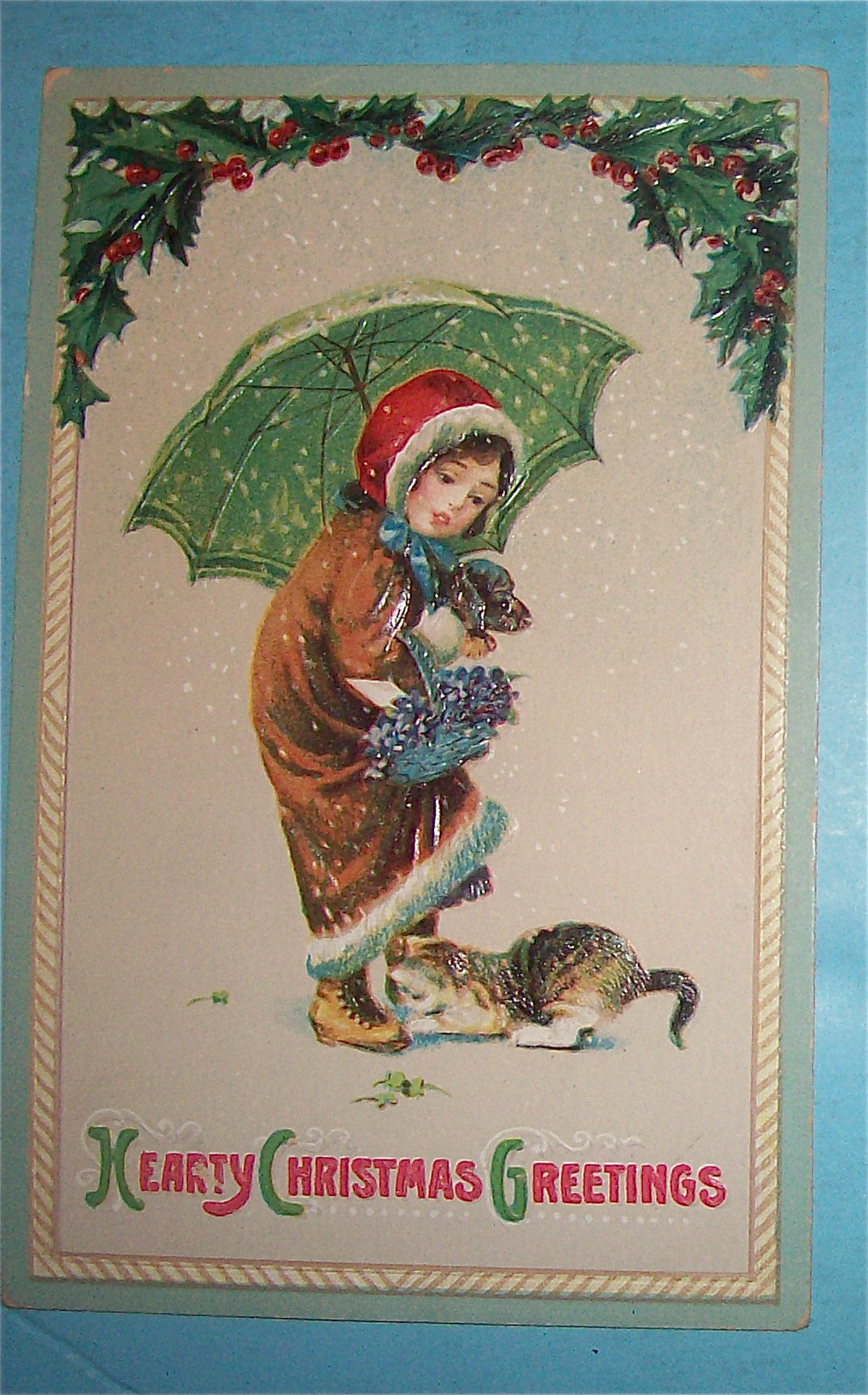Christmas Greetings Postcard w/Hearty Greetings