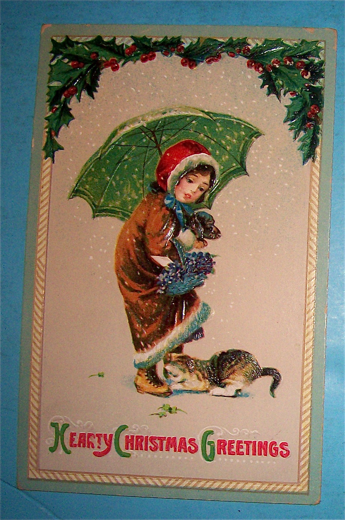 Christmas Greetings Postcard w/Hearty Greetings
