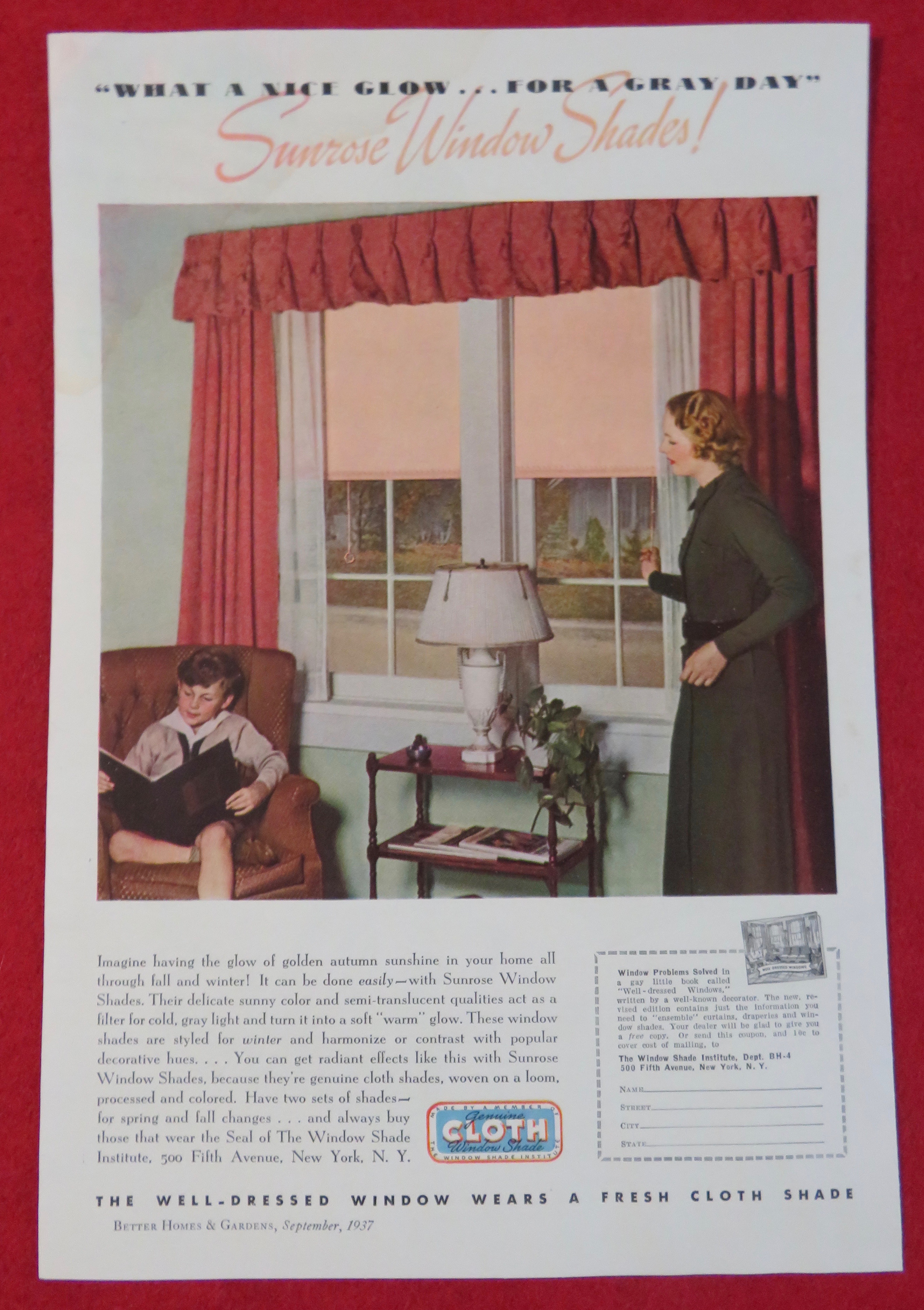 1937 Sunrose Window Shades w Woman Opening Shade
