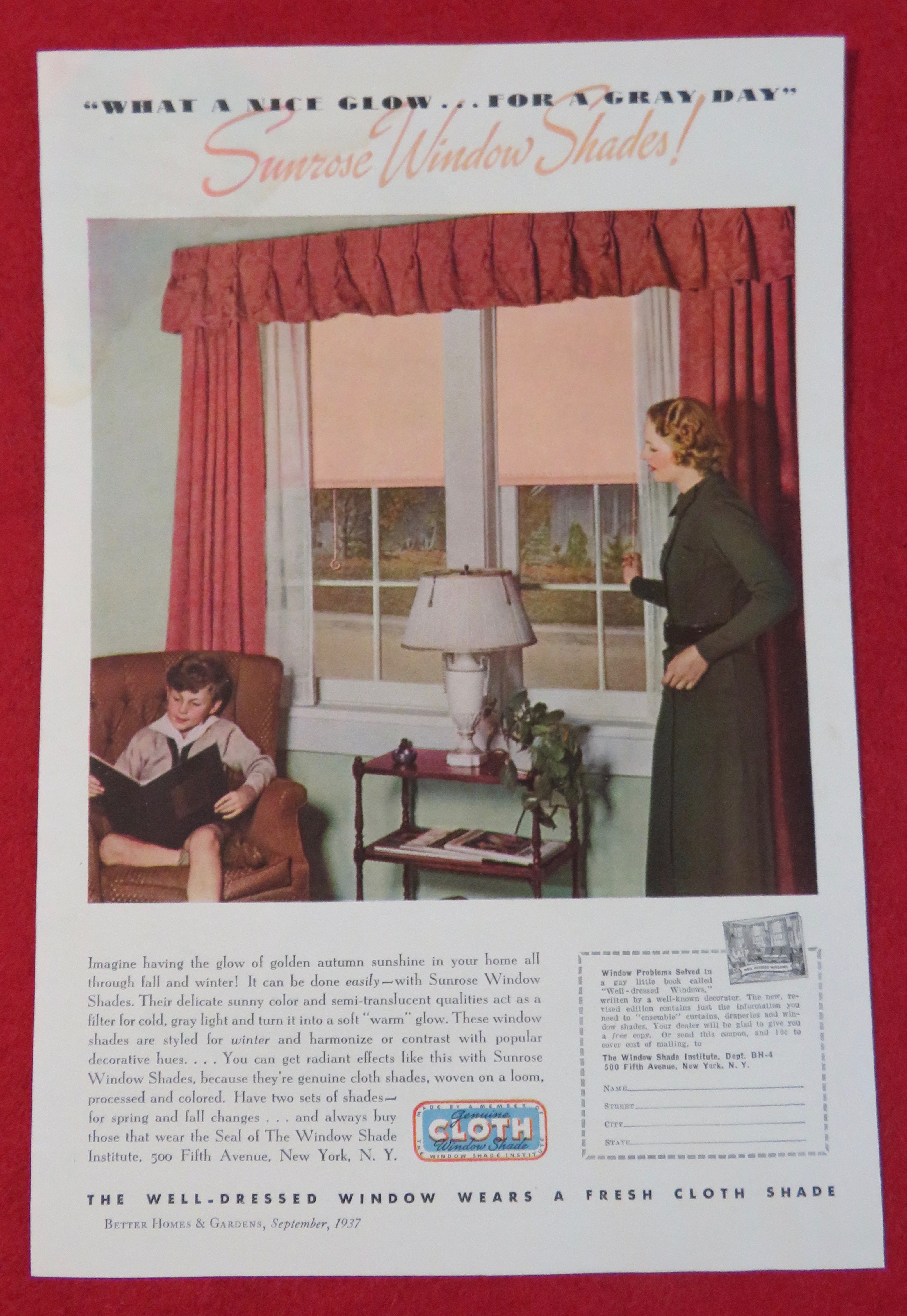 1937 Sunrose Window Shades w Woman Opening Shade