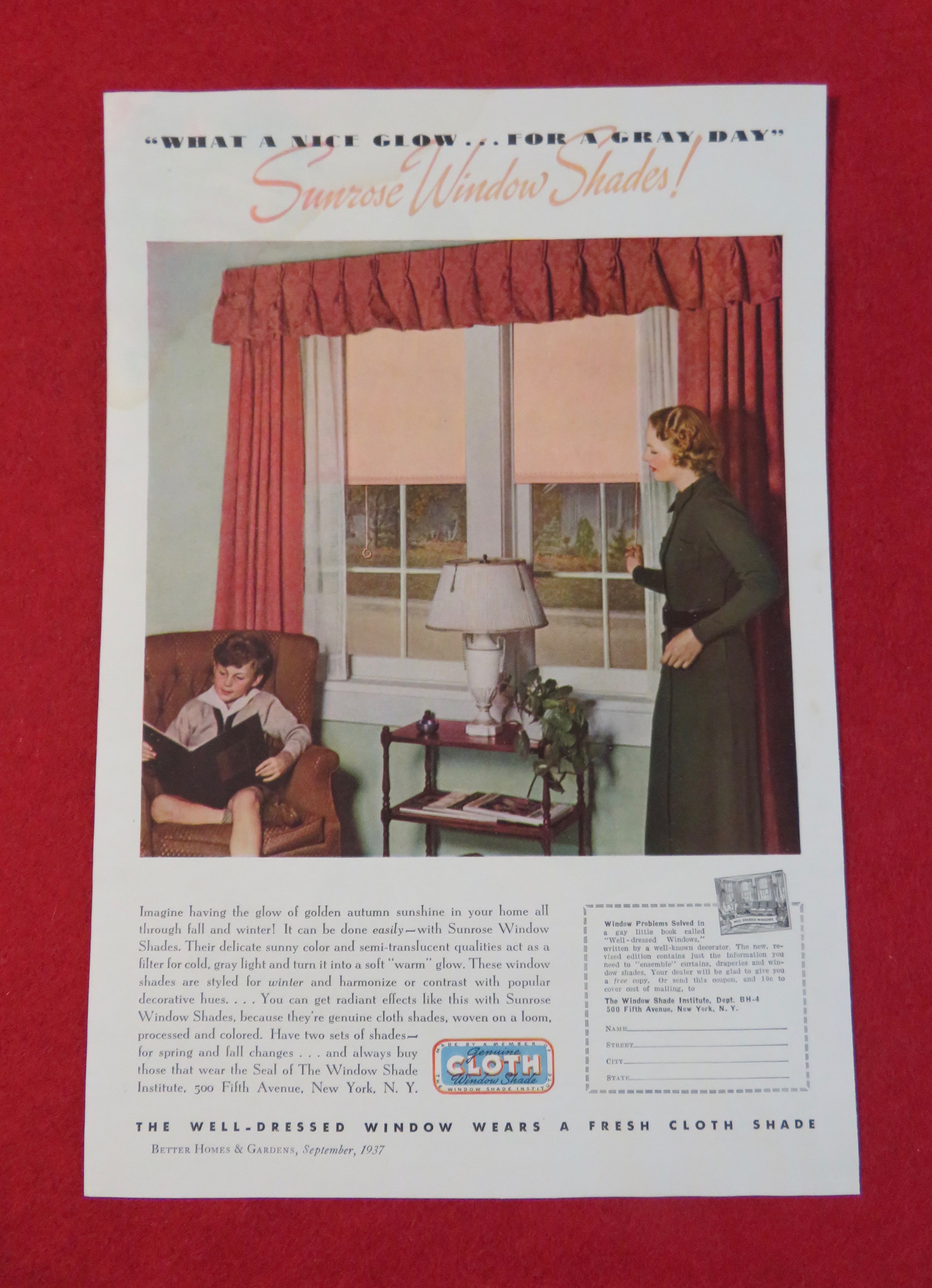 1937 Sunrose Window Shades w Woman Opening Shade