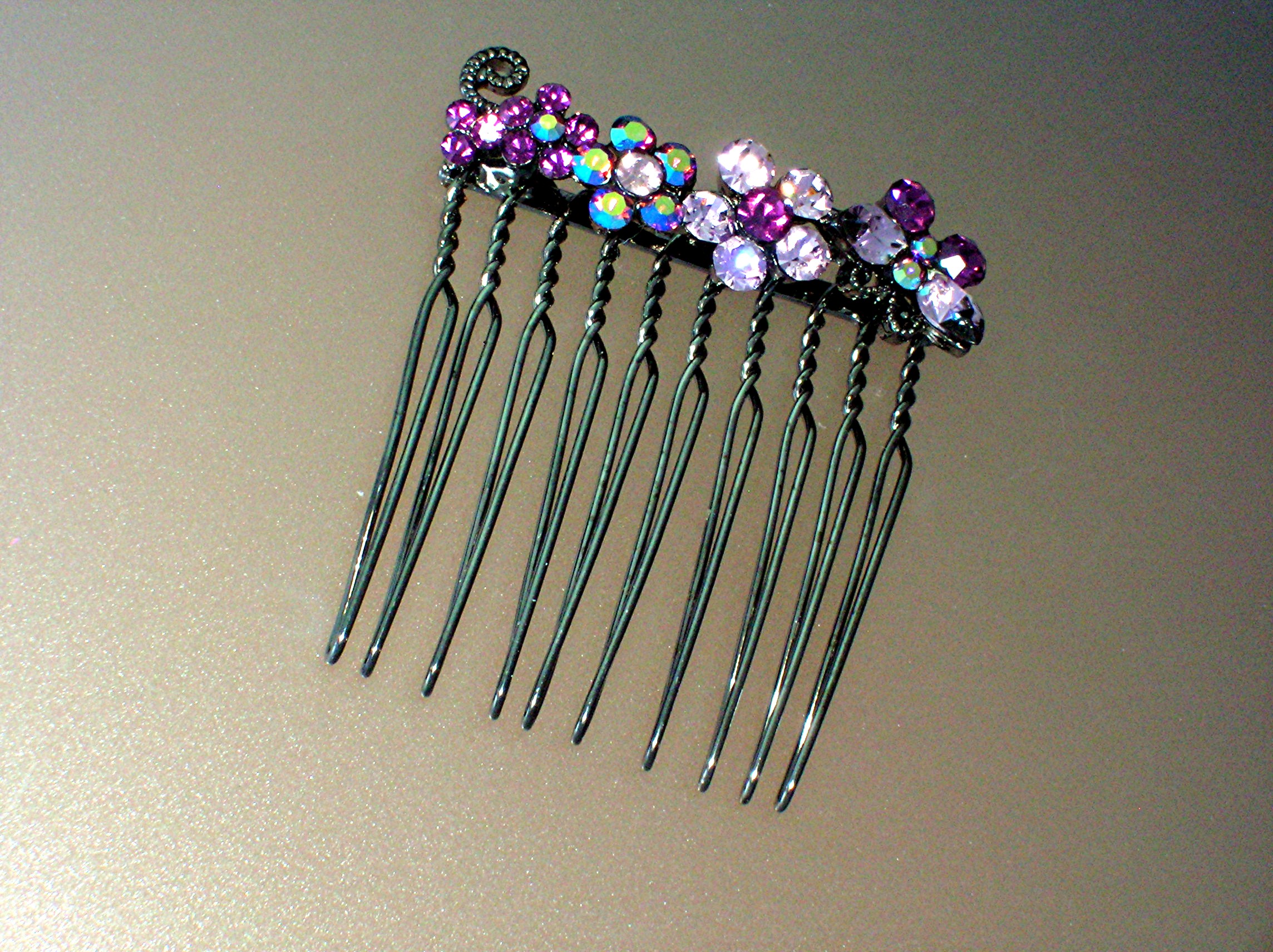 Pink Amethyst blue Crystal Flowers Hair Comb