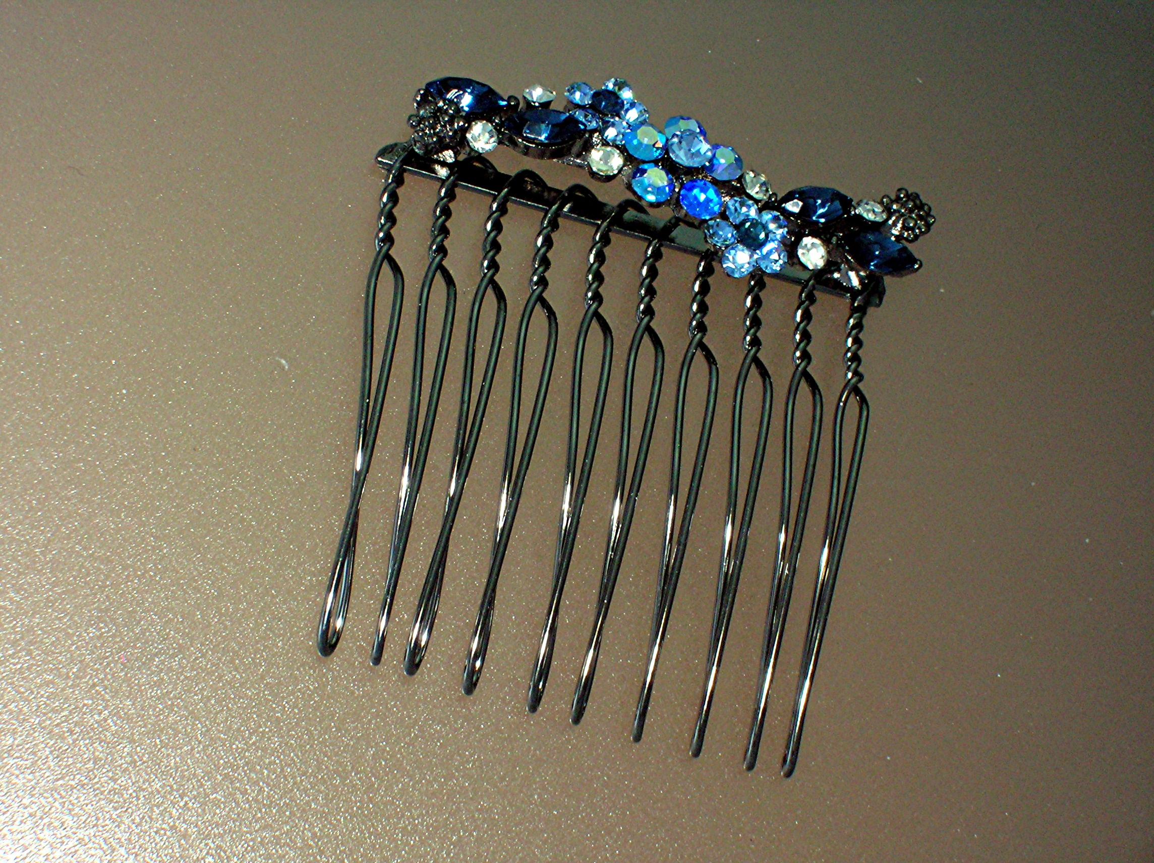 Sapphire Blue and clear Crystal Flower Comb