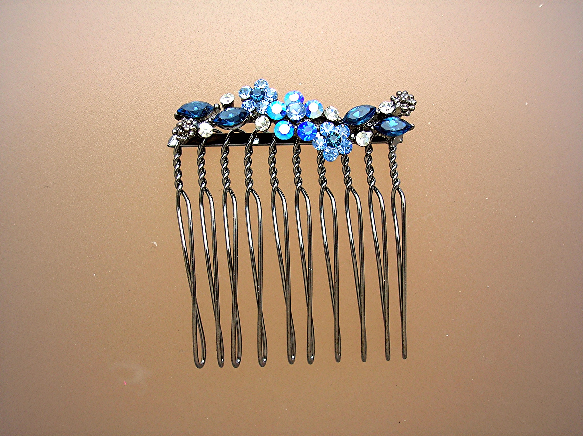 Sapphire Blue and clear Crystal Flower Comb