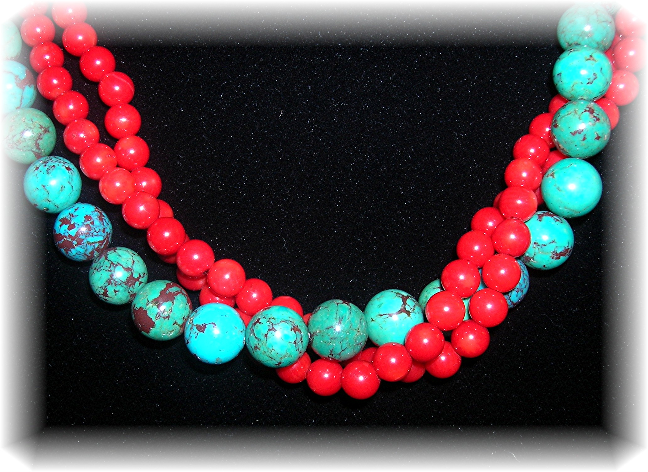 Coral Turquoise  Sterling Silver 3 Strand Necklace Arti