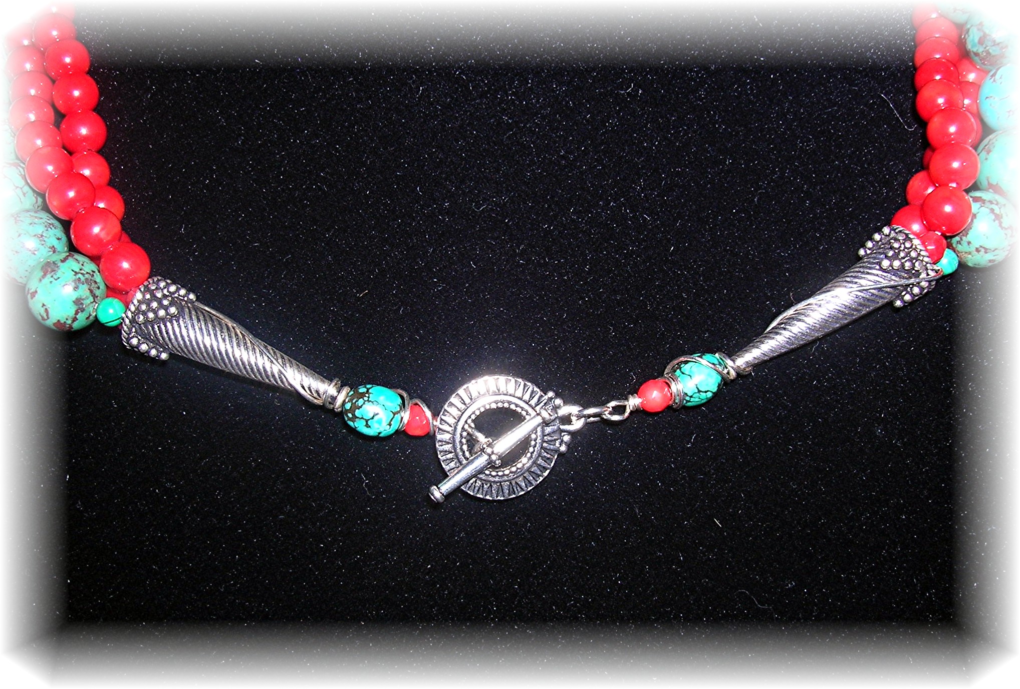 Coral Turquoise  Sterling Silver 3 Strand Necklace Arti