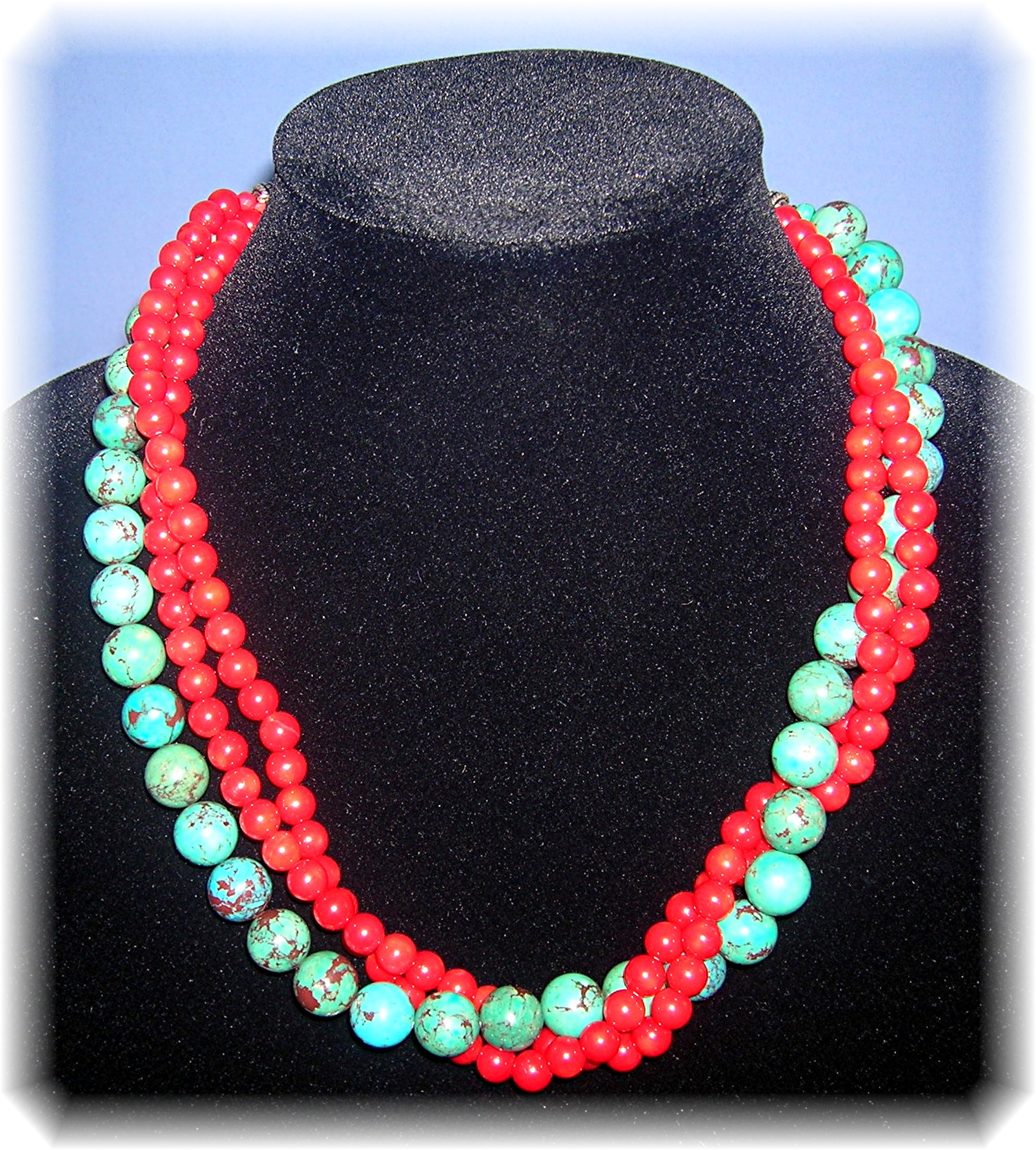 Coral Turquoise  Sterling Silver 3 Strand Necklace Arti