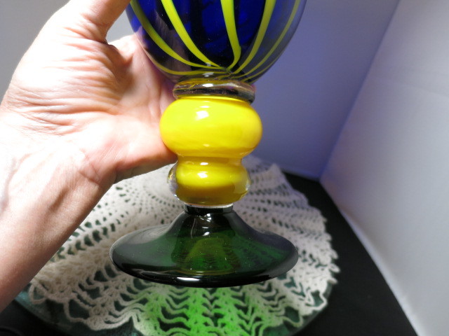 Blown Cased Art Glass Vase Blue Yellow Clear Green 11 3/4 inches