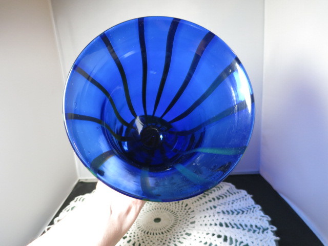Blown Cased Art Glass Vase Blue Yellow Clear Green 11 3/4 inches