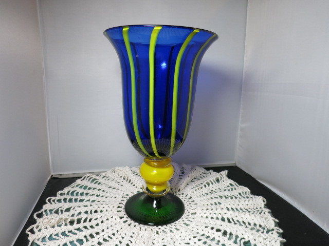 Blown Cased Art Glass Vase Blue Yellow Clear Green 11 3/4 inches