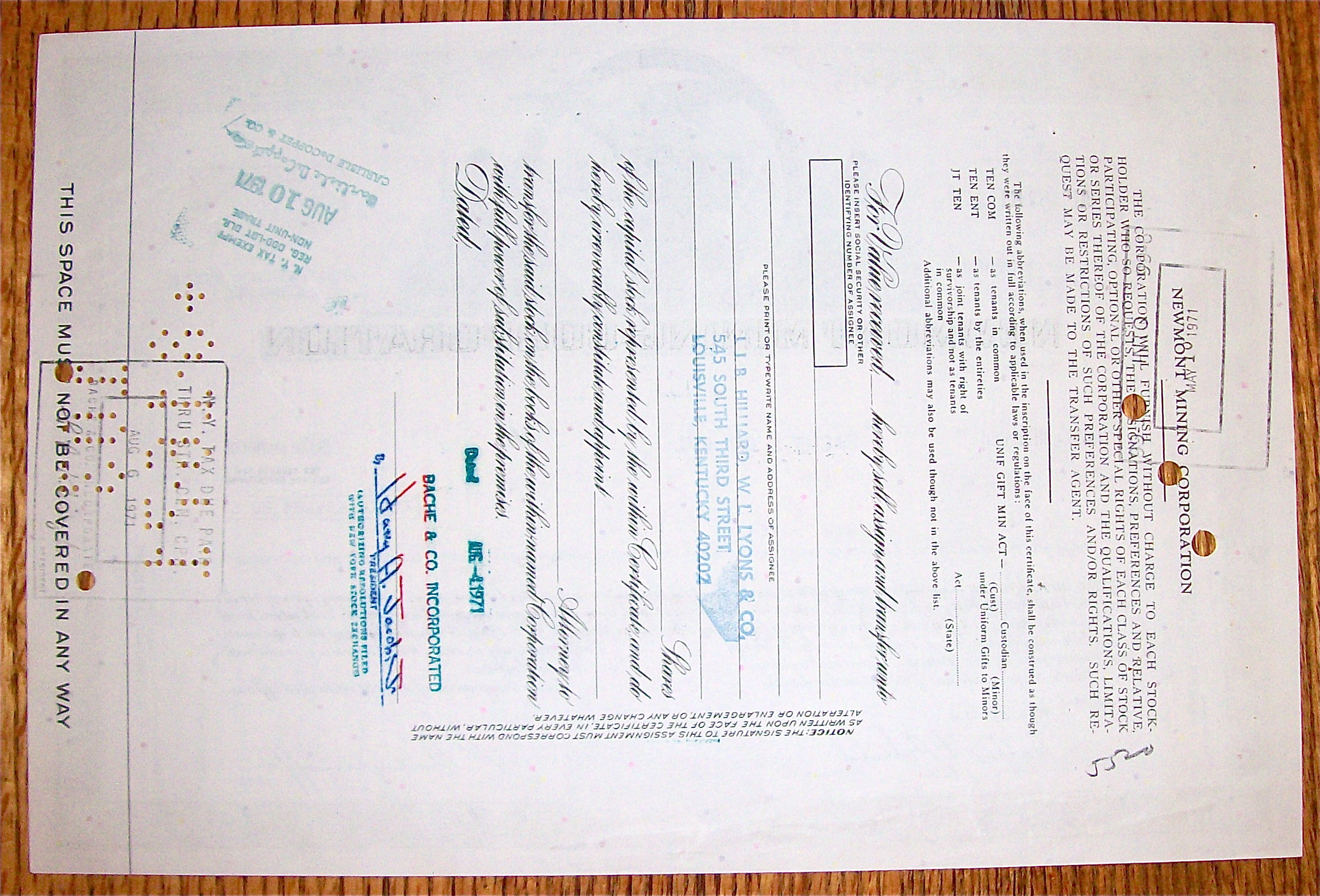 1971 Newmont Mining Corporation Stock Certificate