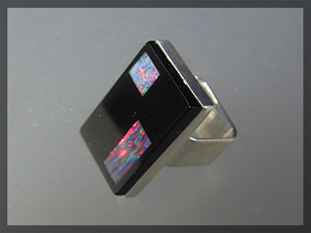Sterlintg Silver Onyx Pink Opal Designer TS Nevada Ring