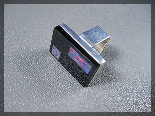 Sterlintg Silver Onyx Pink Opal Designer TS Nevada Ring