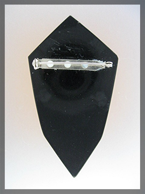 Brooch Black Plastic Lucite Mother Pearl Onyx Brass Inl