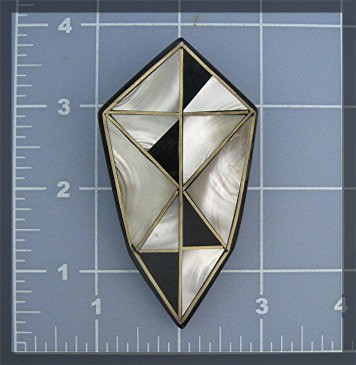 Brooch Black Plastic Lucite Mother Pearl Onyx Brass Inl