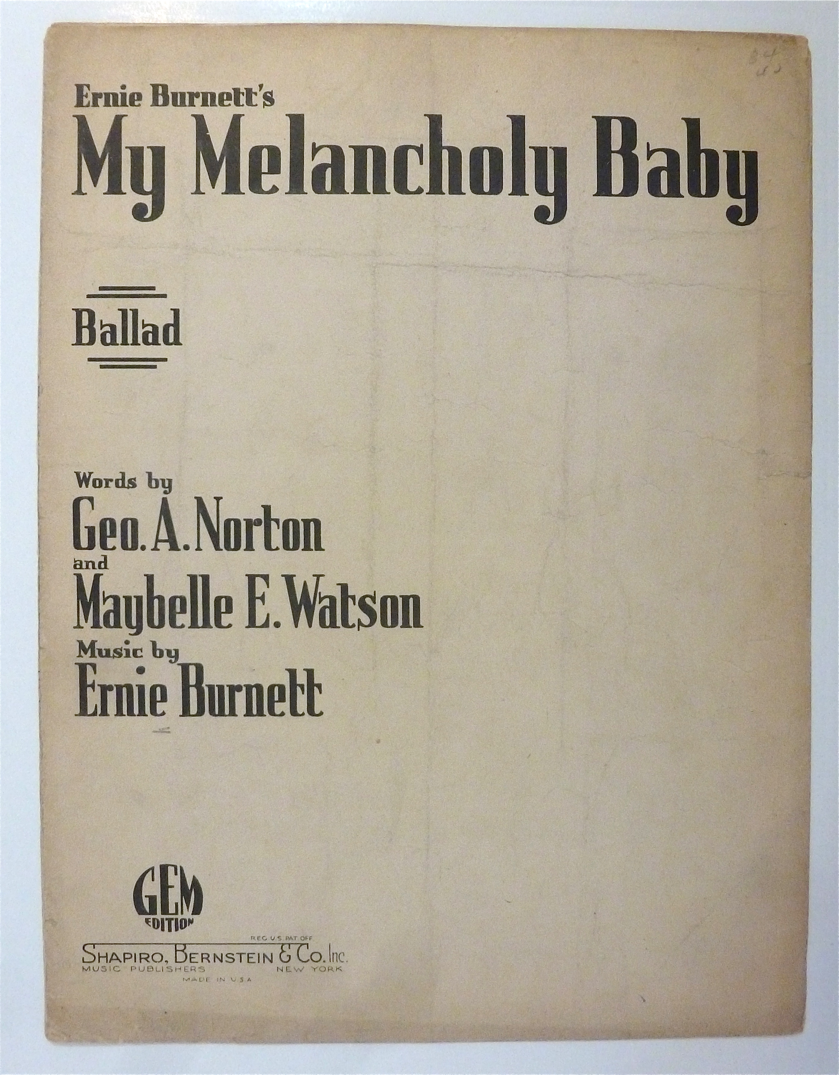 Sheet Music For 1942 My Melancholy Baby