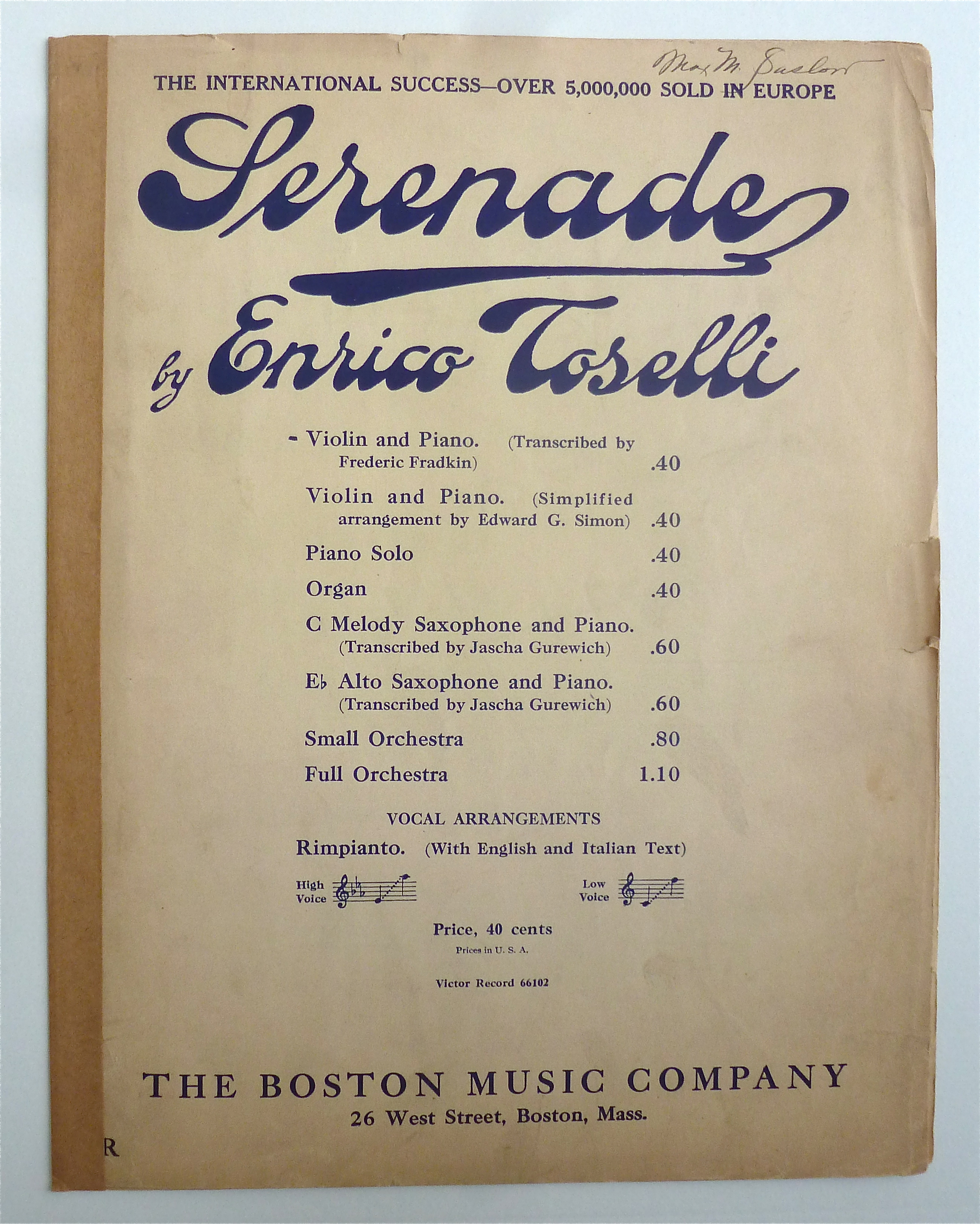 Sheet Music For 1923 Serenade By Enrico Toselli