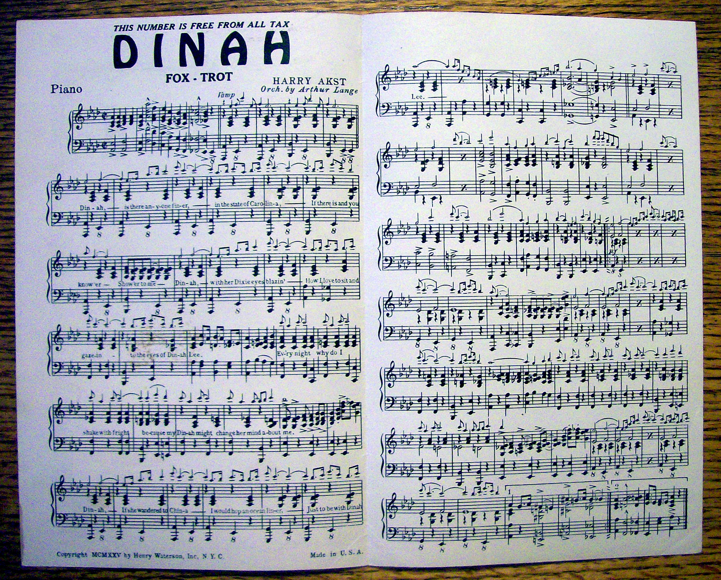 Sheet Music For 1925 Dinah Fox Trot