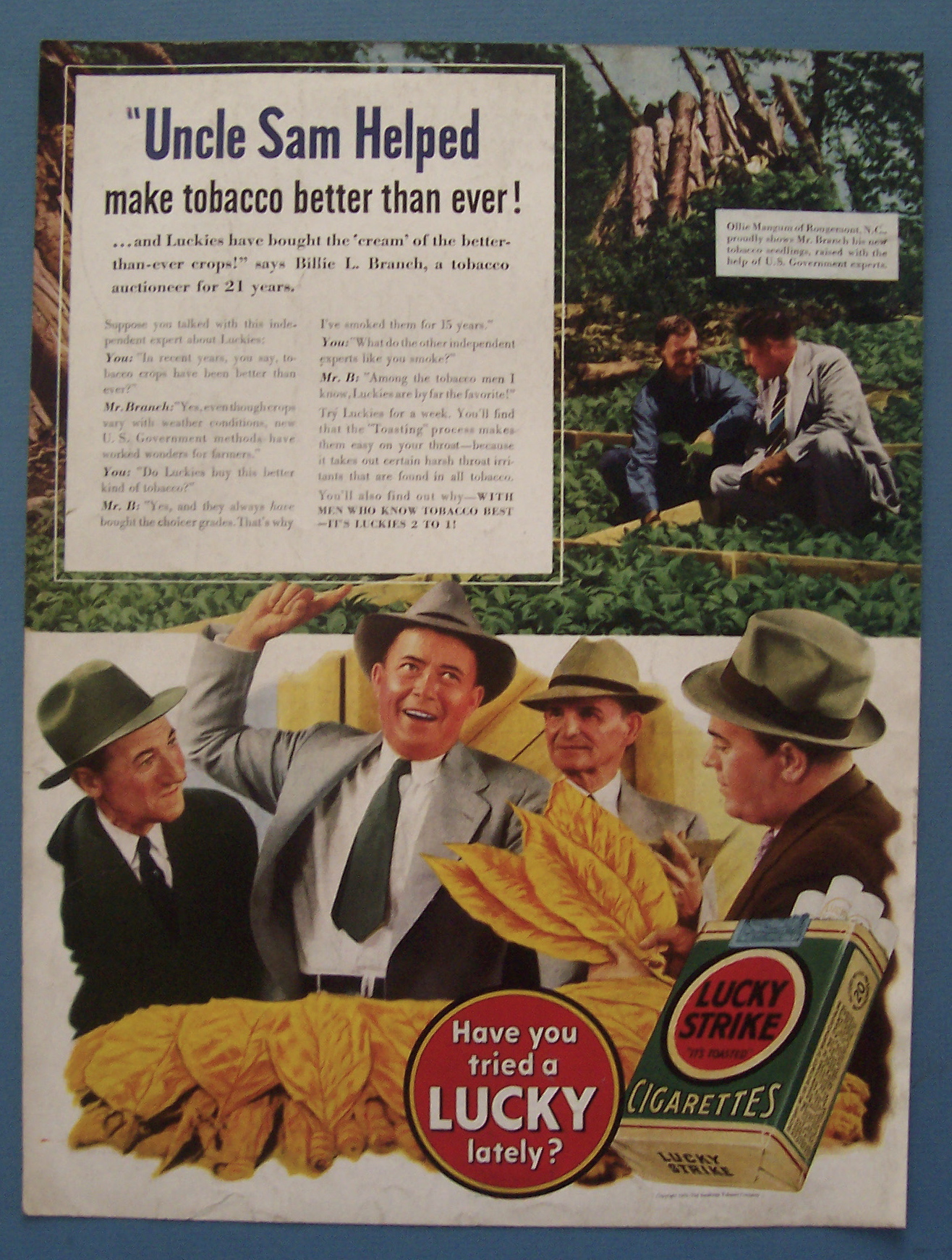 1940 Lucky Strike Cigarette with Men Looking At Tobacco