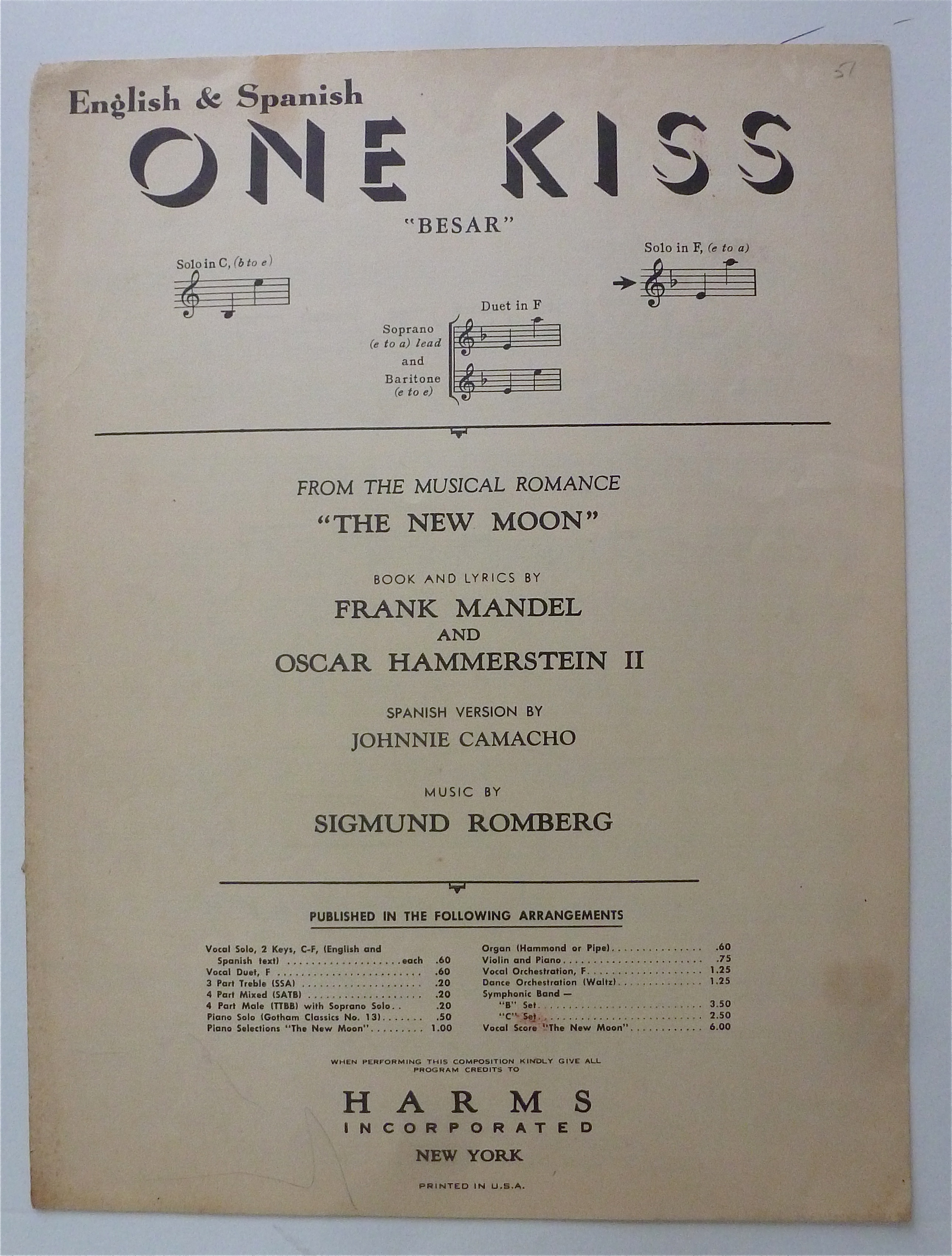 Sheet Music For 1948 One Kiss