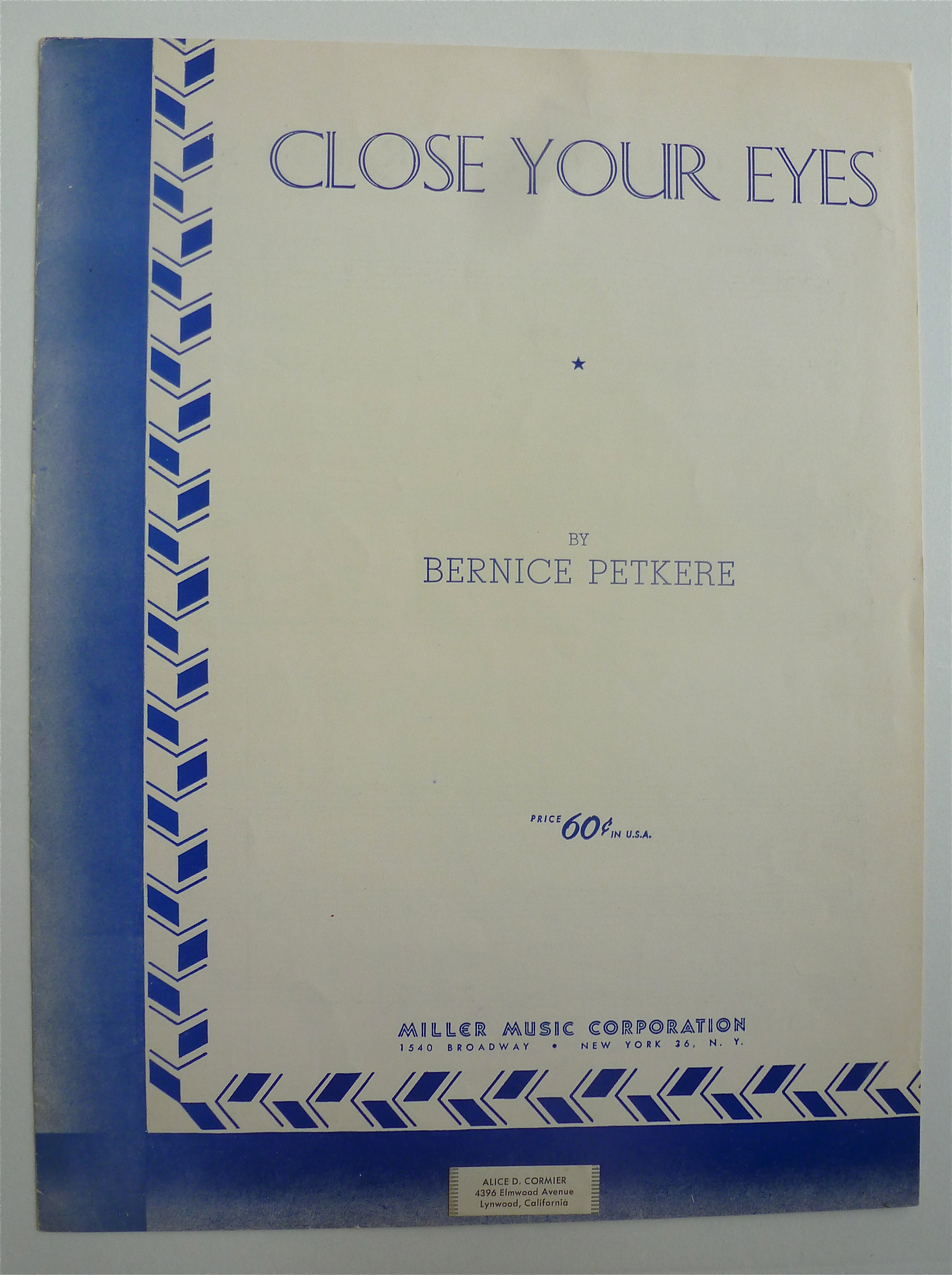 Sheet Music For 1933 Close Your Eyes