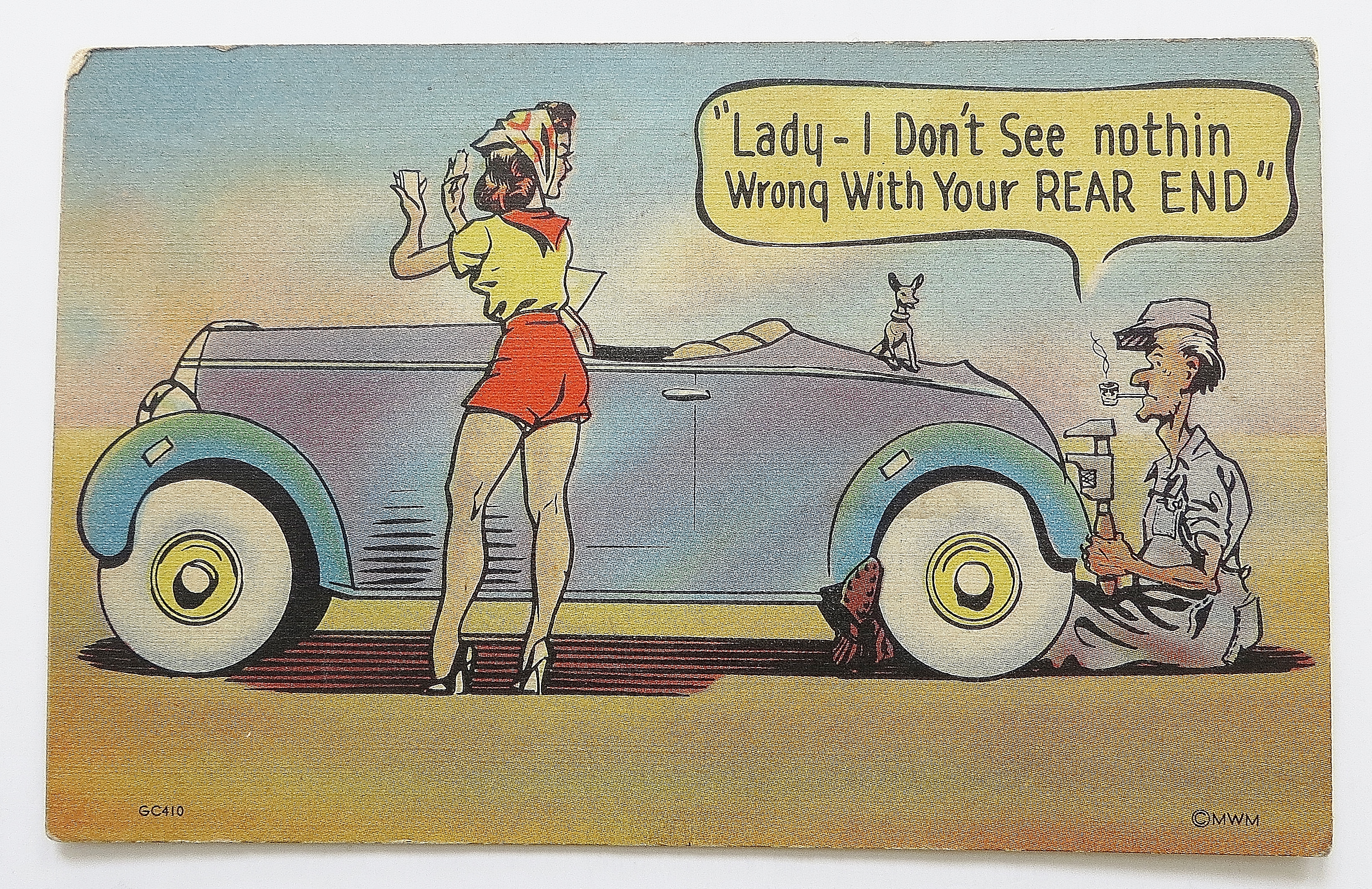 Man Fixing Woman's Car Postcard