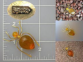 Baltic Amber Brooch Spider Russian Gold Pin
